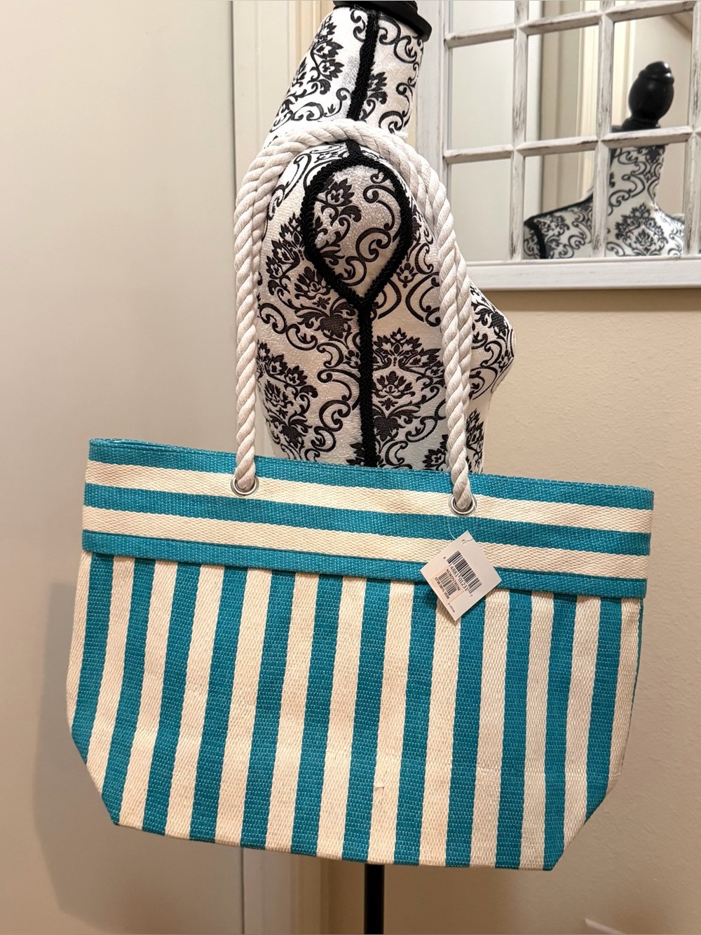 Nordstrom Turquoise and White Striped Beach Tote Bag